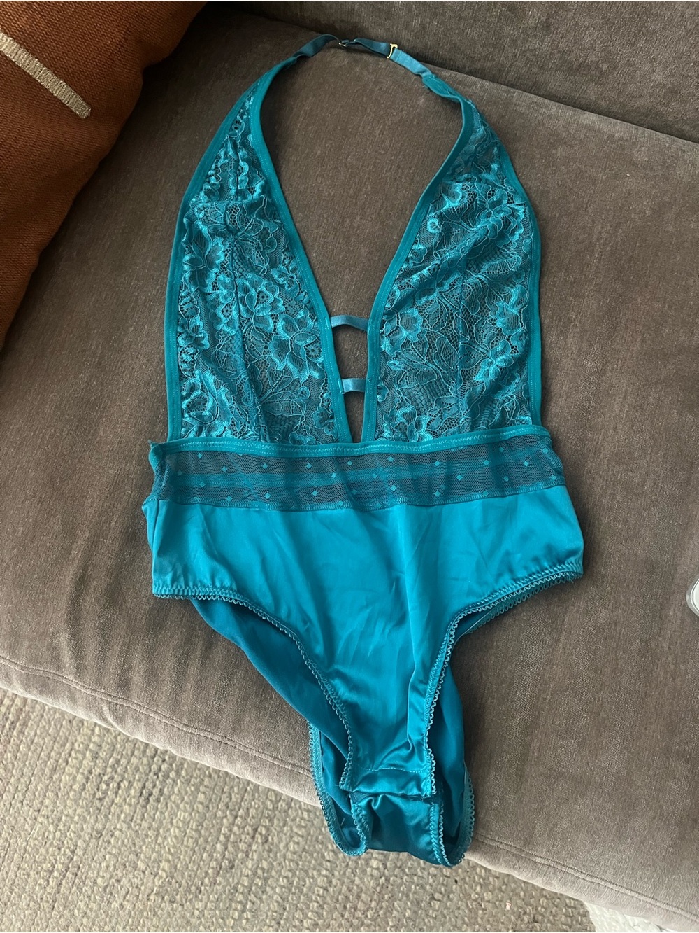 Frederick’s of Hollywood Teal Low Back Halter Lace Bodysuit